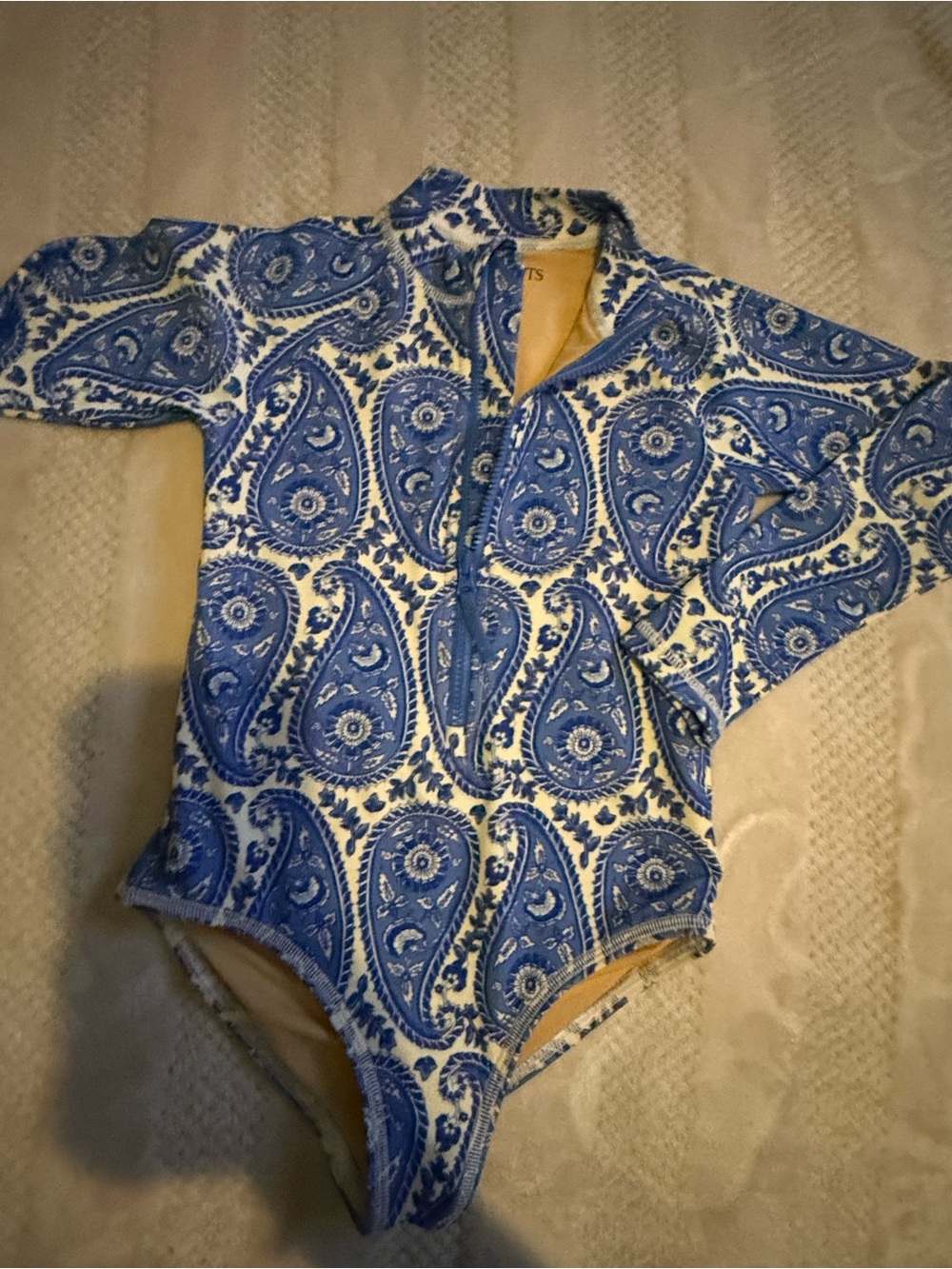 Crewcuts Blue and White Paisley Long-Sleeve One-Piece Bodysuit